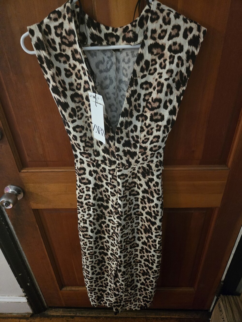 ZARA Leopard-Print V-Neck Sleeveless Dress — Brown, Black, Cream